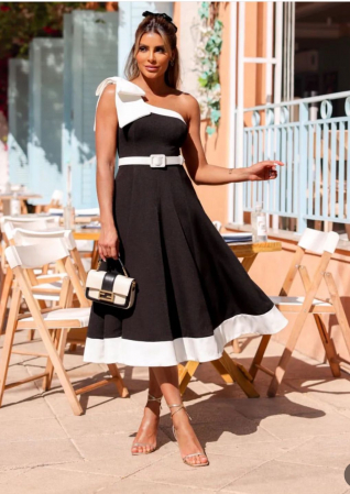 ROCHII - Rochie maxi neagra, cu funda supradimensionata