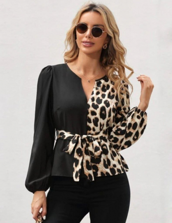 CAMASI - Bluza eleganta duo Negru/Animal print, cu cordon in talie