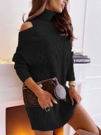 CELE MAI NOI PRODUSE - Rochie mini tricotata, neagra, cu guler inalt si umerii goi