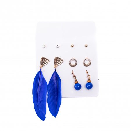 CERCEI - Set de 5 Perechi de Cercei cu Pene, Albastru Indigo