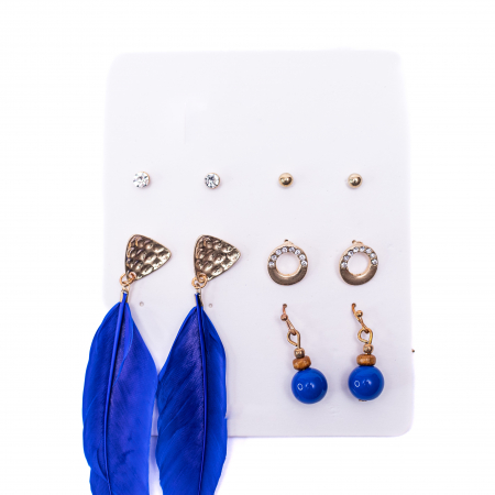 Set de 5 Perechi de Cercei cu Pene, Albastru Indigo [2]