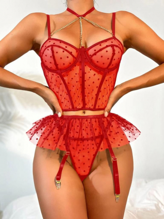 CRACIUN - Set lenjerie intima sexy, din dantela, rosie
