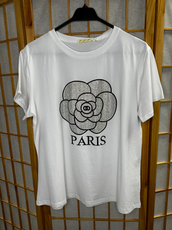 TOPURI & BLUZE - Tricou Alb cu imprimeu si aplicatii din strasuri, Paris