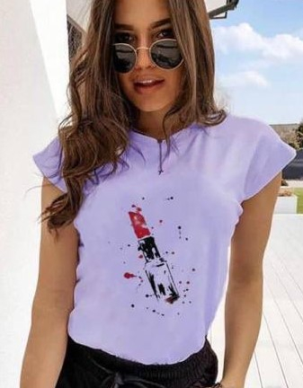TRICOURI - Tricou Lila din Bumbac Cu Imprimeu Ruj
