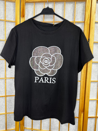 TOPURI & BLUZE - Tricou Negru cu imprimeu si aplicatii din strasuri, Paris