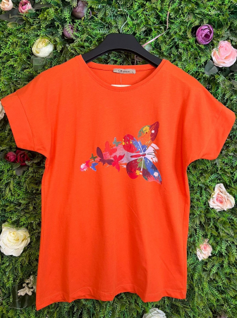 TRICOURI - Tricou Orange din Bumbac cu Fluturi Multicolori