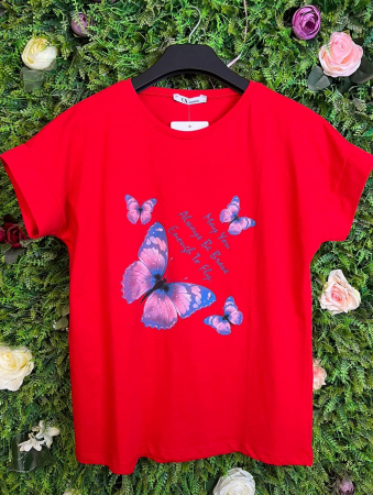 TOPURI & BLUZE - Tricou Rosu din Bumbac cu Imprimeu
