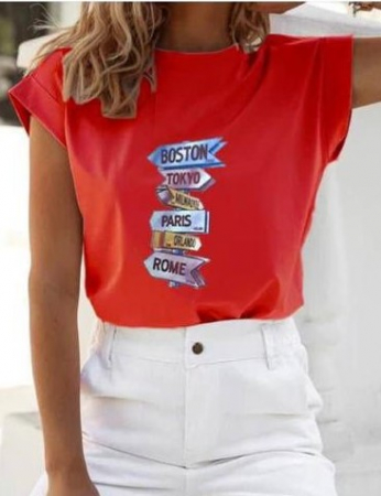 TRICOURI - Tricou Rosu din Bumbac cu Imprimeu Colorat