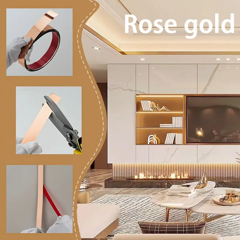Bandă decorativă autoadezivă rose gold – 500 cm, din oțel inoxidabil cu adeziv 3M – finisaj lucios pentru mobilă, pereți și decorațiuni interioare. [20]