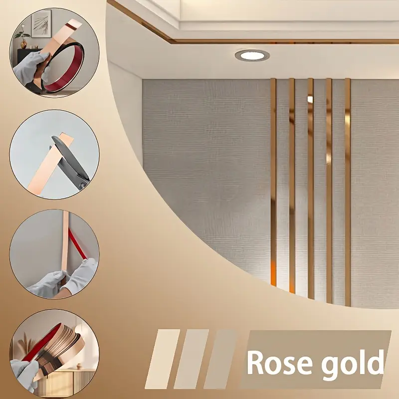 Bandă decorativă autoadezivă rose gold – 500 cm, din oțel inoxidabil cu adeziv 3M – finisaj lucios pentru mobilă, pereți și decorațiuni interioare. [6]
