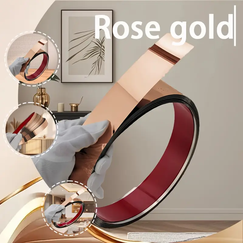 Bandă decorativă autoadezivă rose gold – 500 cm, din oțel inoxidabil cu adeziv 3M – finisaj lucios pentru mobilă, pereți și decorațiuni interioare. [14]