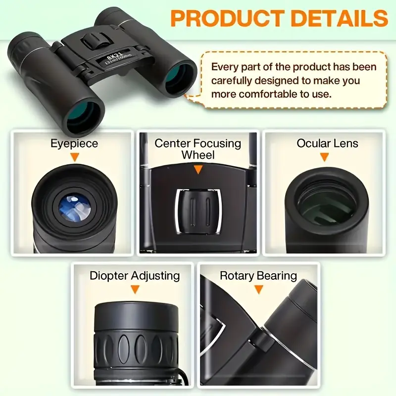 Binoclu HD 8X21 Telescop portabil Binoclu profesional Aventuri în aer liber Sport și călătorii Camping și explorare Observarea păsărilor Drumeții Concerte Vânătoare Vizualizare la distanță Focalizare centrală Rezistent la apă Design pliabil [12]