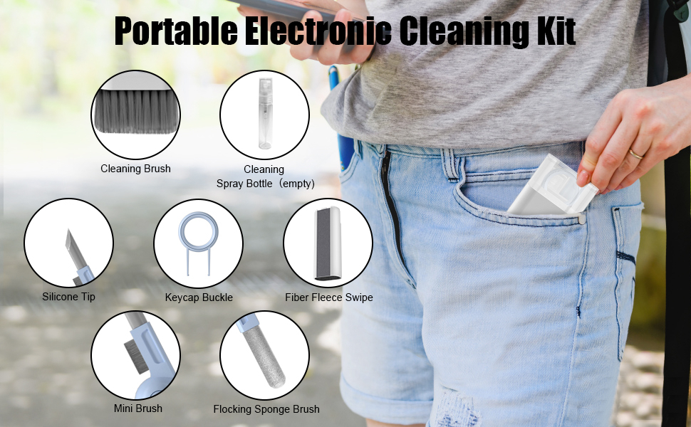 Set Curățare 7 în 1 pentru Laptop, Tastatură și Gadgeturi – Perie Multifuncțională, Duster, Extractor Taste, Spray Reîncărcabil [18]