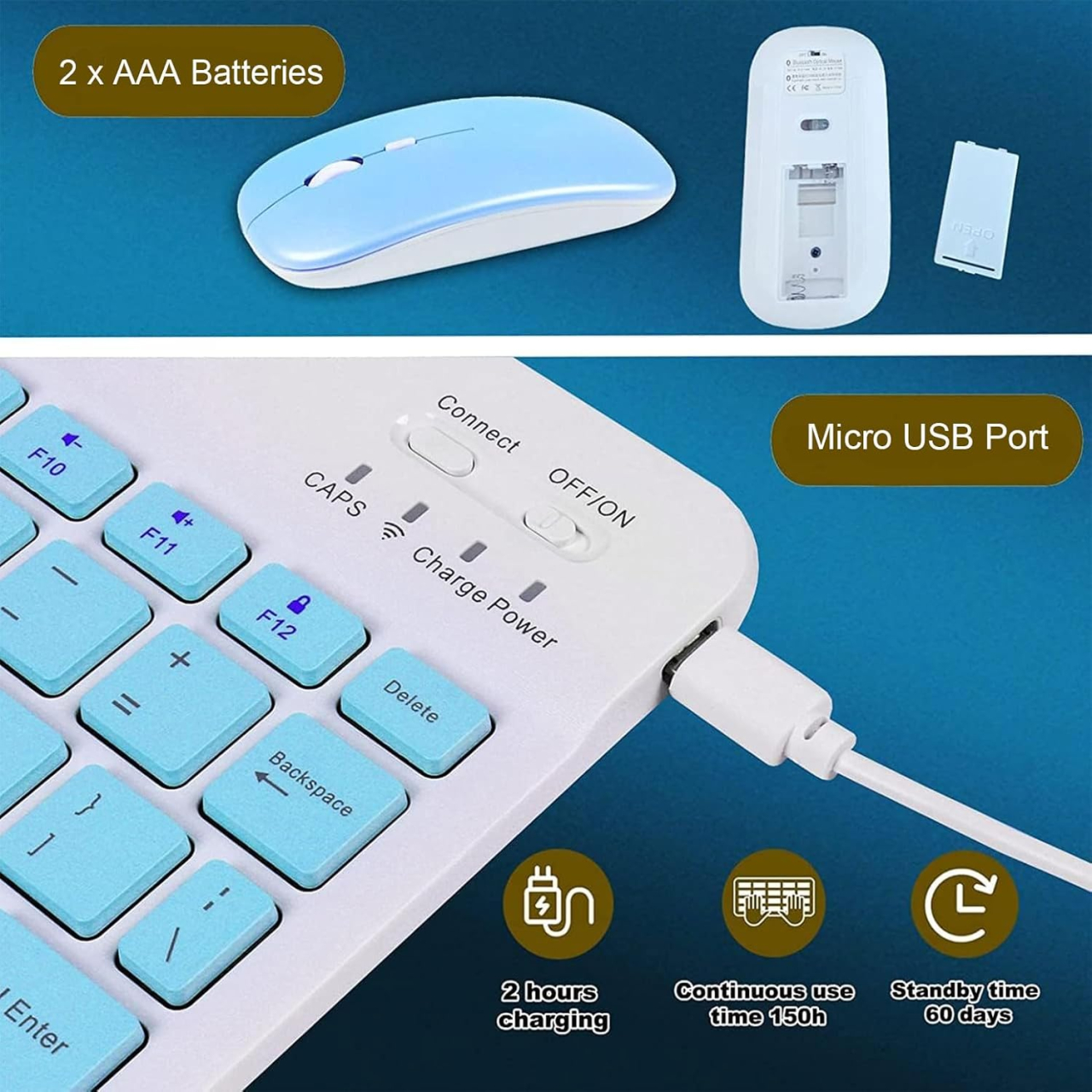 Set Tastatura Mouse Wireless Slim Bluetooth Albastru [4]