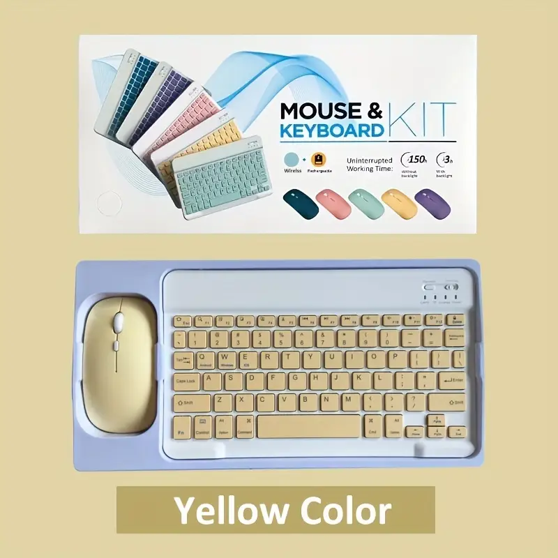 Set Tastatură și Mouse Wireless – Bluetooth, Silențios, Ultra-Subțire, Compatibil PC, Laptop, Android, iOS, Windows – Culoare Galben Crem [14]