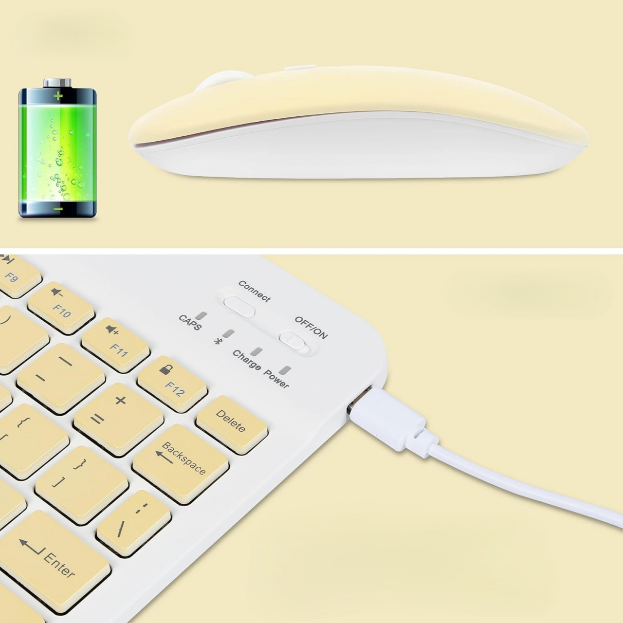 Set Tastatură și Mouse Wireless – Bluetooth, Silențios, Ultra-Subțire, Compatibil PC, Laptop, Android, iOS, Windows – Culoare Galben Crem [6]