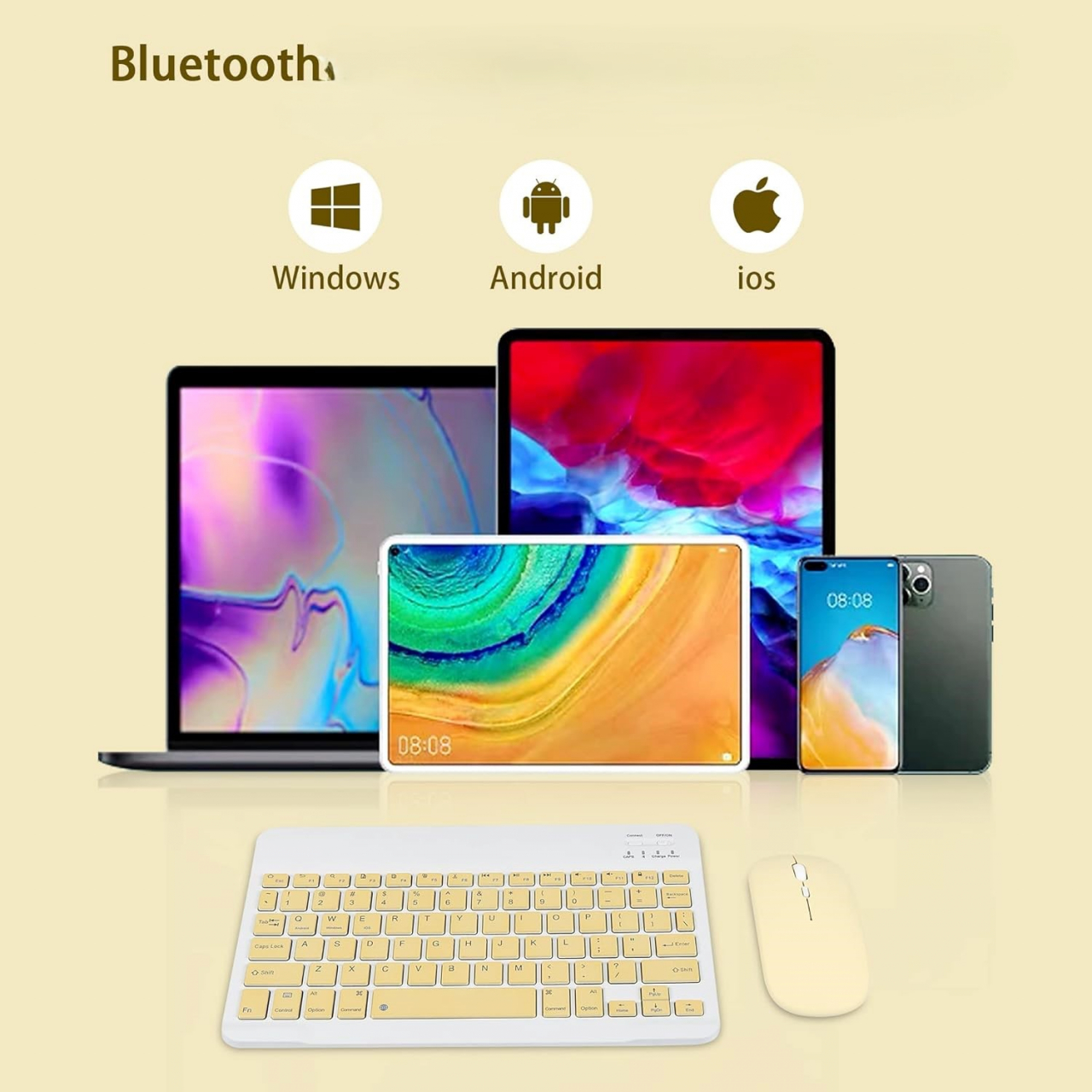 Set Tastatură și Mouse Wireless – Bluetooth, Silențios, Ultra-Subțire, Compatibil PC, Laptop, Android, iOS, Windows – Culoare Galben Crem [9]