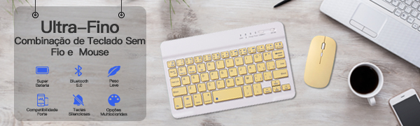 Set Tastatură și Mouse Wireless – Bluetooth, Silențios, Ultra-Subțire, Compatibil PC, Laptop, Android, iOS, Windows – Culoare Galben Crem [10]