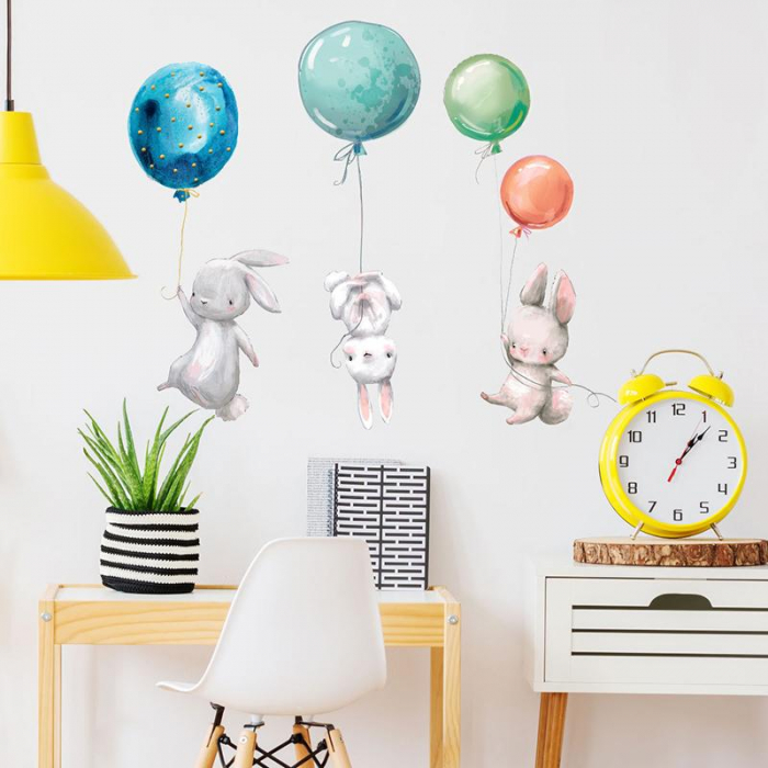 Sticker Decorativ Iepurasi cu Baloane Colorate cu Heliu [6]