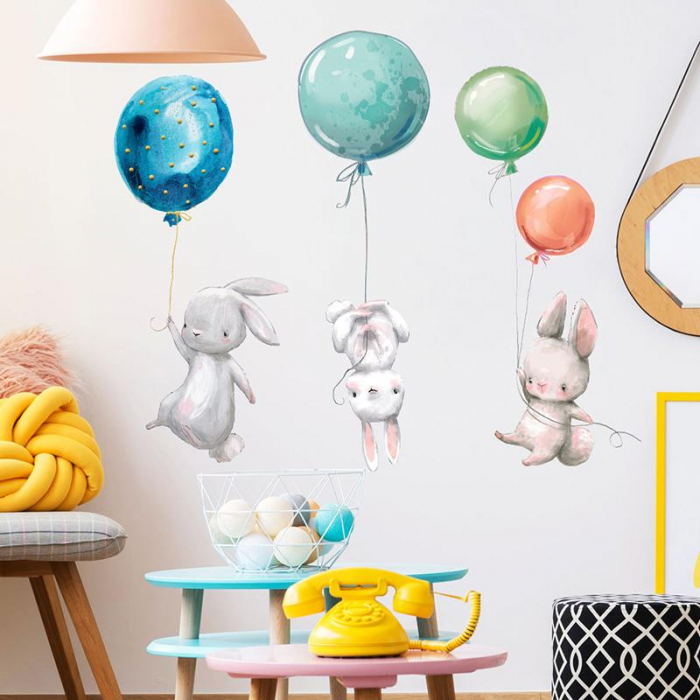 Sticker Decorativ Iepurasi cu Baloane Colorate cu Heliu [8]