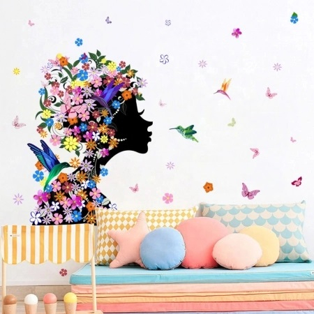 Sticker decorativ Silueta femeie cu flori si pasari Colibri [3]