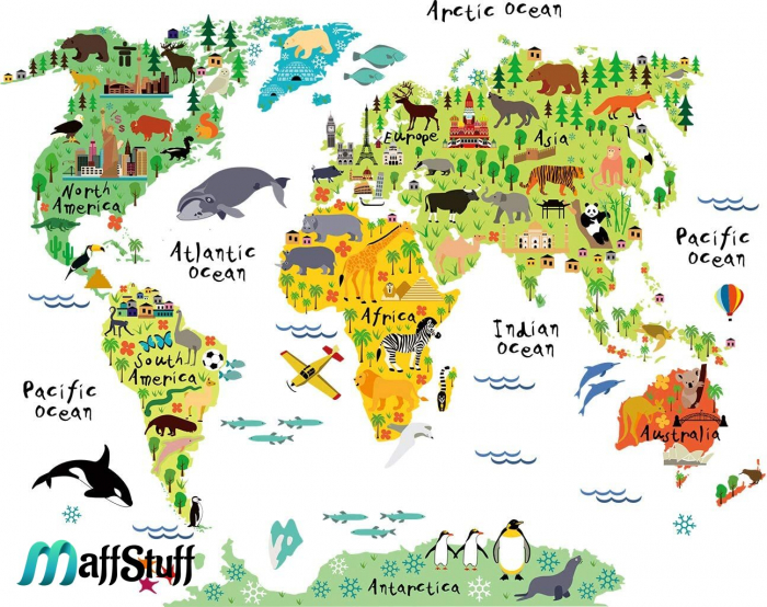Sticker educativ copii, harta geografica a lumii, cu animale [8]