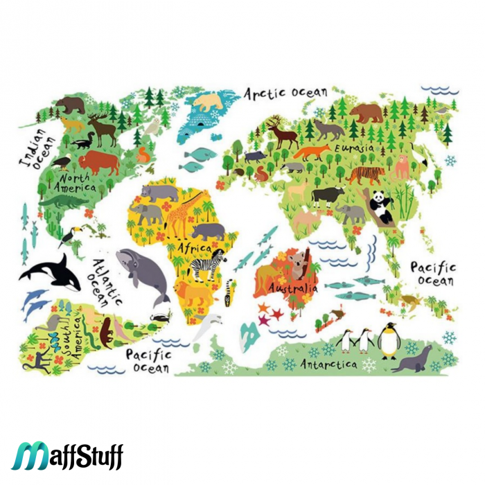 Sticker educativ copii, harta geografica a lumii, cu animale [2]