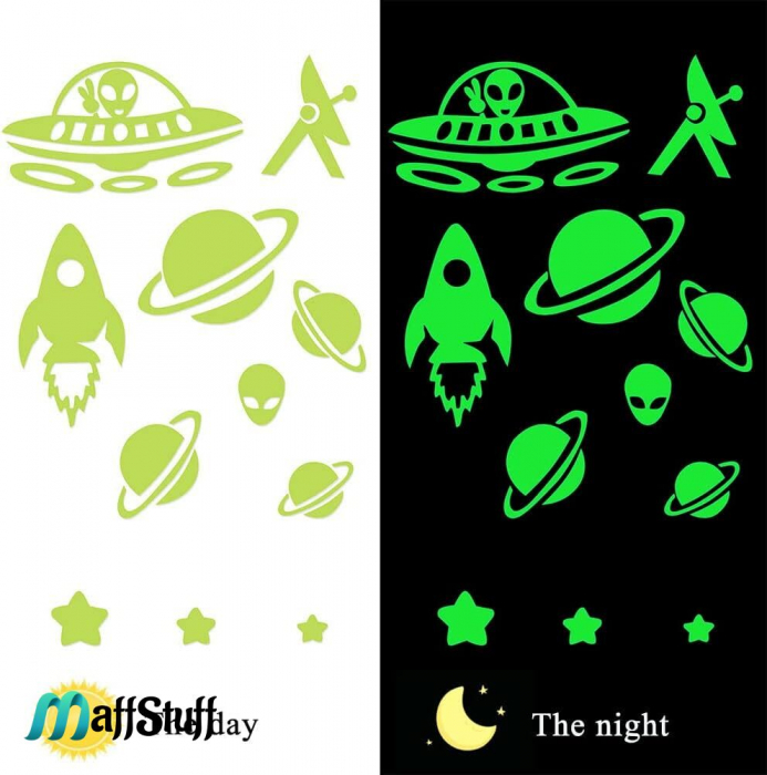 Stickere Decorative de Perete Fosforescente, Pentru Camera Copilului, Sub Forma de Stelute, Extraterestri, Planete si Nave Spatiale, Set de 278 buc [8]