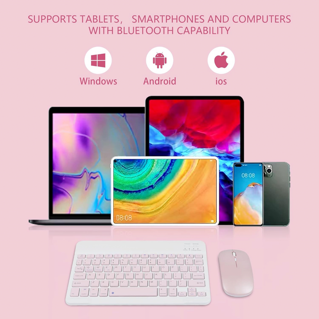 Set Tastatură și Mouse Wireless – Bluetooth, Silențios, Ultra-Subțire, Compatibil PC, Laptop, Android, iOS, Windows – Culoare Roz [9]