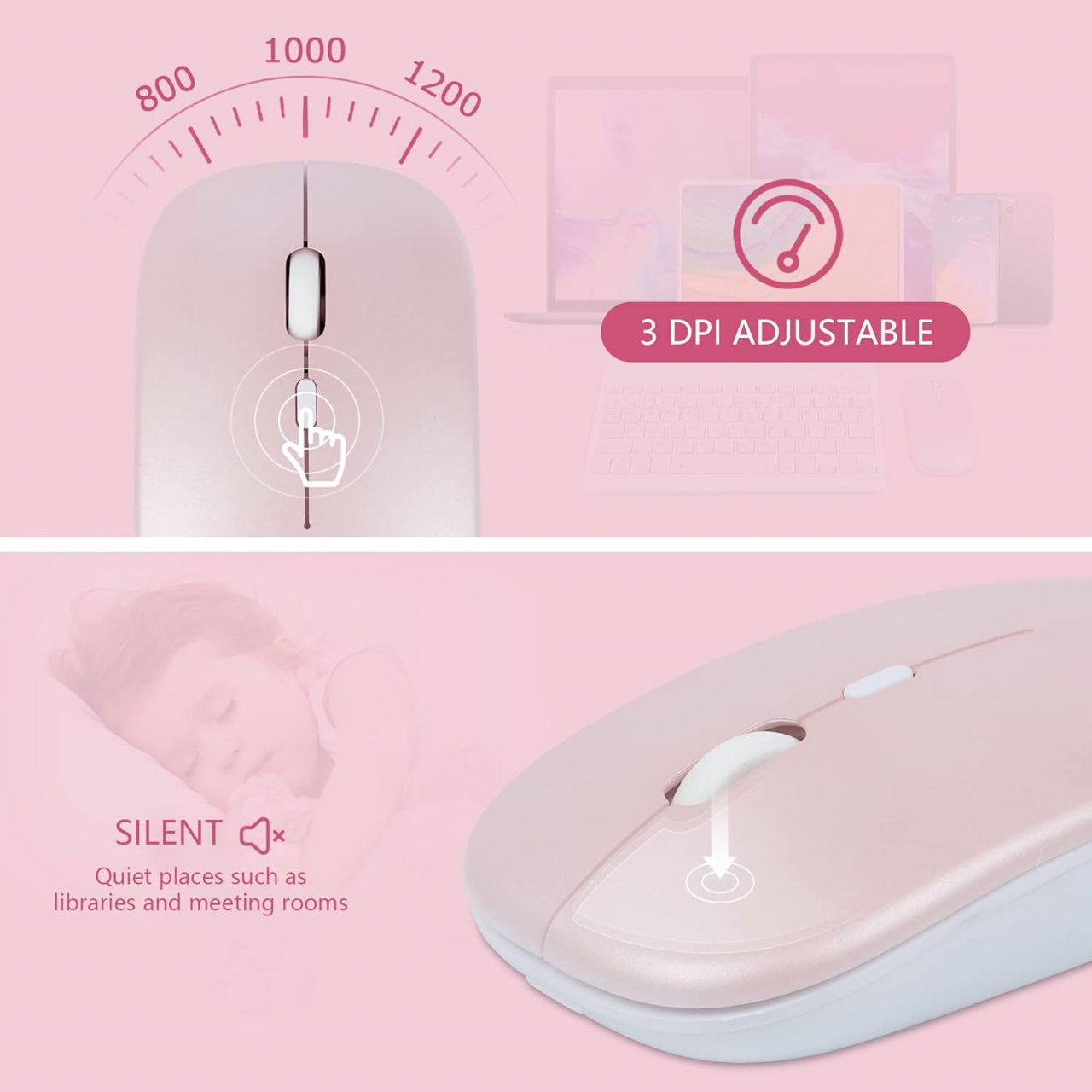 Set Tastatură și Mouse Wireless – Bluetooth, Silențios, Ultra-Subțire, Compatibil PC, Laptop, Android, iOS, Windows – Culoare Roz [14]