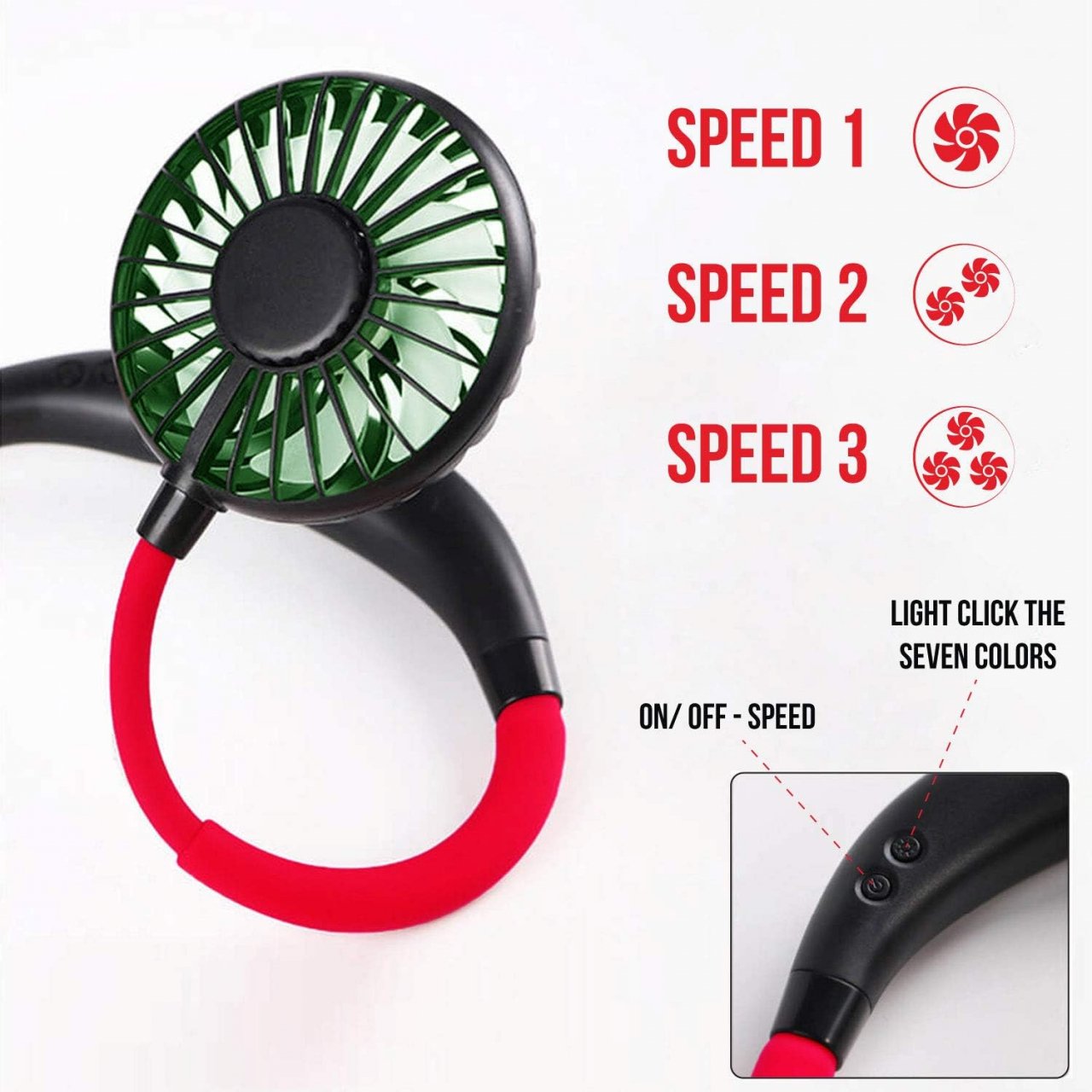 Ventilator Portabil pentru Gât cu 3 Viteze, Lumini LED, Acumulator Intern și Pastilă Aromaterapie, Roșu [22]