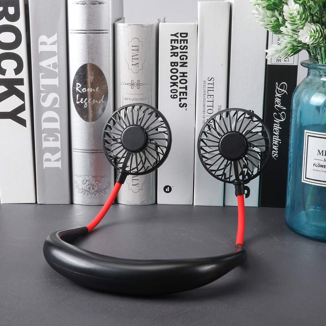 Ventilator Portabil pentru Gât cu 3 Viteze, Lumini LED, Acumulator Intern și Pastilă Aromaterapie, Roșu [11]
