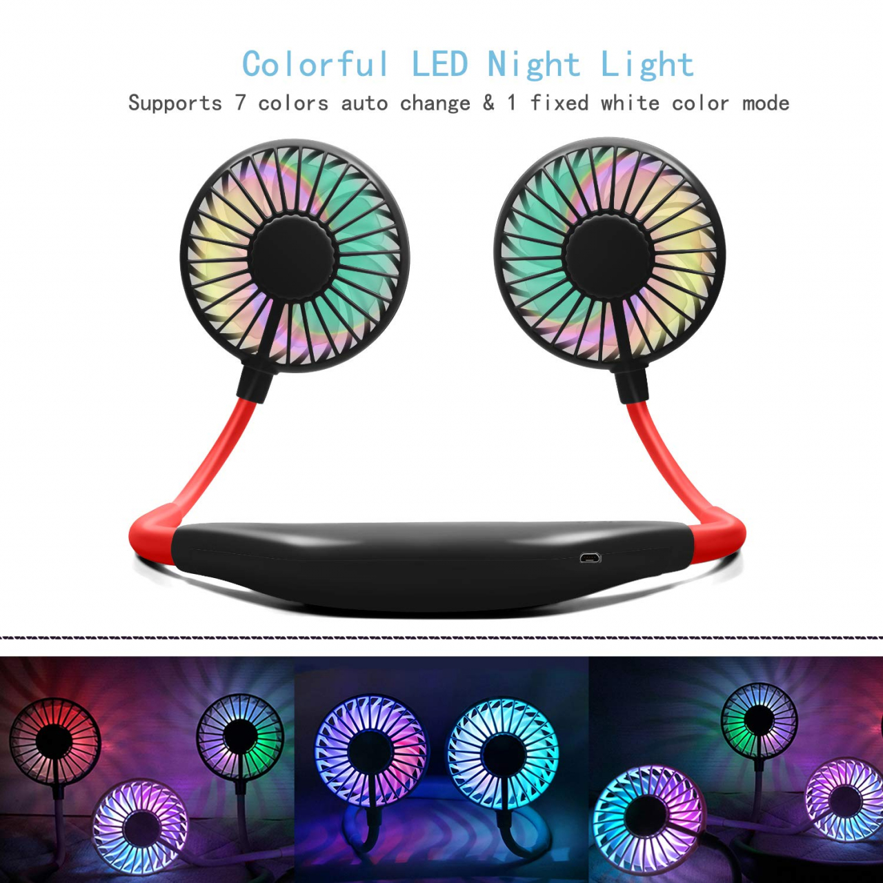 Ventilator Portabil pentru Gât cu 3 Viteze, Lumini LED, Acumulator Intern și Pastilă Aromaterapie, Roșu [10]
