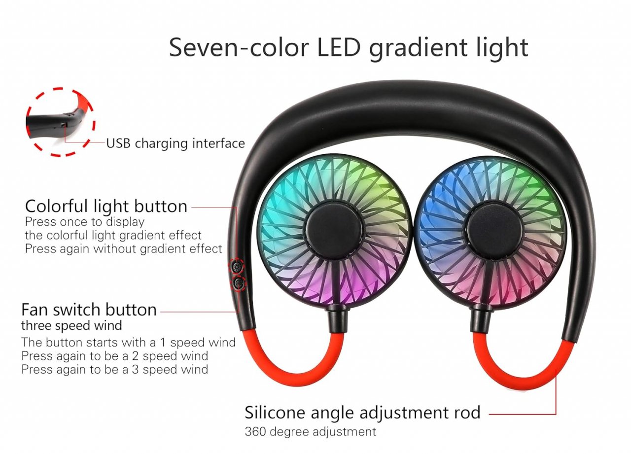 Ventilator Portabil pentru Gât cu 3 Viteze, Lumini LED, Acumulator Intern și Pastilă Aromaterapie, Roșu [12]
