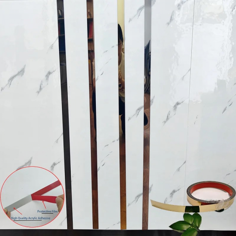 Bandă decorativă autoadezivă rose gold – 500 cm, din oțel inoxidabil cu adeziv 3M – finisaj lucios pentru mobilă, pereți și decorațiuni interioare. [16]