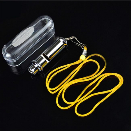 Activități Recreative - Drumeții - Fluier metalic inox cu șnur galben – 6.5x1.5 cm