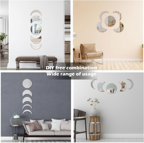 Set Oglinzi Autoadezive Fazele Lunii – Acrilic Reflectorizant, 5 Bucăți, Decor Perete Modern [2]
