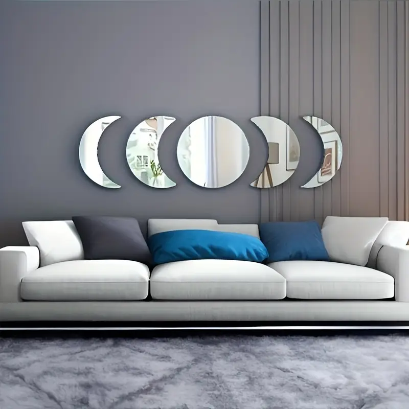 Oglinzi Tematice - Set Oglinzi Autoadezive Fazele Lunii – Acrilic Reflectorizant, 5 Bucăți, Decor Perete Modern
