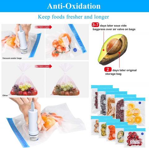 Pungi Alimentare pentru Vidat Fructe, Legume și Alimente | Set 5 Bucăți Reutilizabile | Pompa Vacuum și Clema Incluse [6]