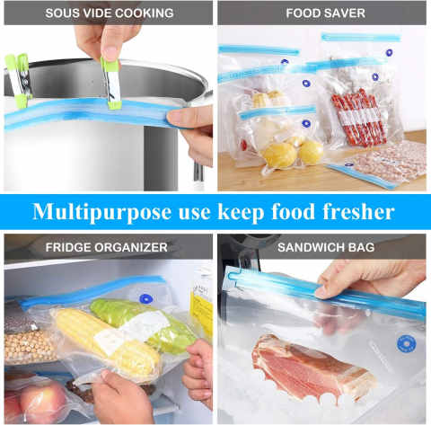 Pungi Alimentare pentru Vidat Fructe, Legume și Alimente | Set 5 Bucăți Reutilizabile | Pompa Vacuum și Clema Incluse [2]
