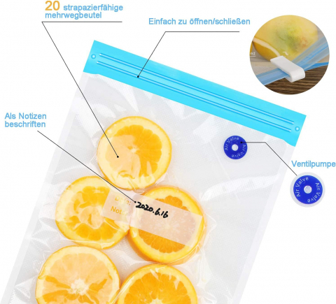 Pungi Alimentare pentru Vidat Fructe, Legume și Alimente | Set 5 Bucăți Reutilizabile | Pompa Vacuum și Clema Incluse [4]