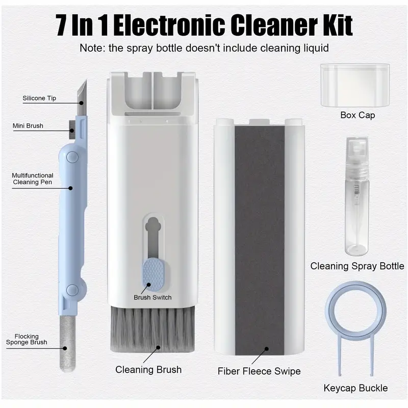 Set Curățare 7 în 1 pentru Laptop, Tastatură și Gadgeturi – Perie Multifuncțională, Duster, Extractor Taste, Spray Reîncărcabil [16]