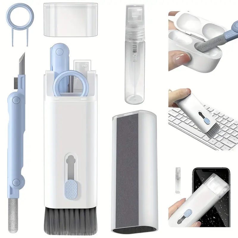 Accesorii Telefon - Set Curățare 7 în 1 pentru Laptop, Tastatură și Gadgeturi – Perie Multifuncțională, Duster, Extractor Taste, Spray Reîncărcabil