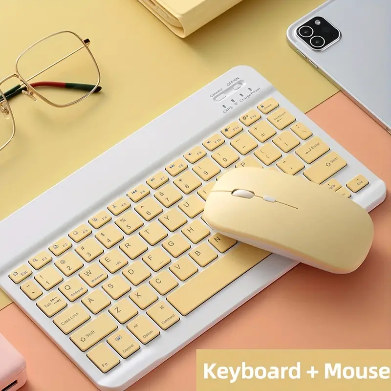 Set Tastatură și Mouse Wireless – Bluetooth, Silențios, Ultra-Subțire, Compatibil PC, Laptop, Android, iOS, Windows – Culoare Galben Crem [6]