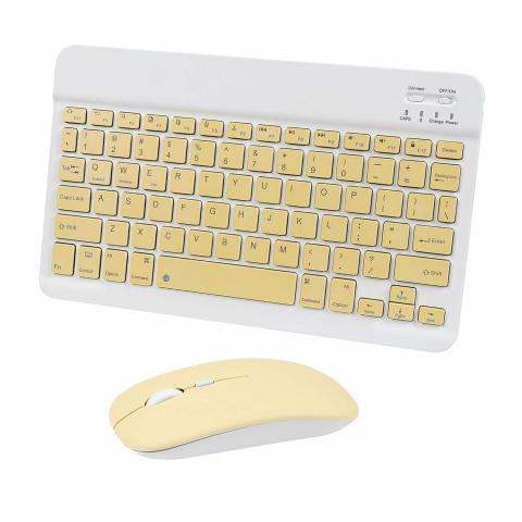 Accesorii Telefon - Set Tastatură și Mouse Wireless – Bluetooth, Silențios, Ultra-Subțire, Compatibil PC, Laptop, Android, iOS, Windows – Culoare Galben Crem