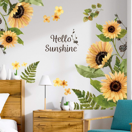 Sticker Autocolant de Perete cu Flori de Floarea Soarelui și Ferigi, 100x80 cm