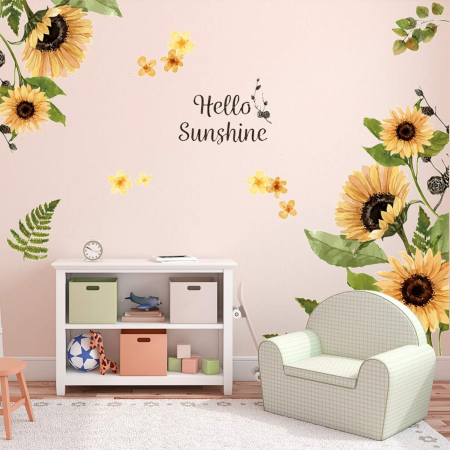 Sticker Autocolant de Perete cu Flori de Floarea Soarelui și Ferigi, 100x80 cm [6]