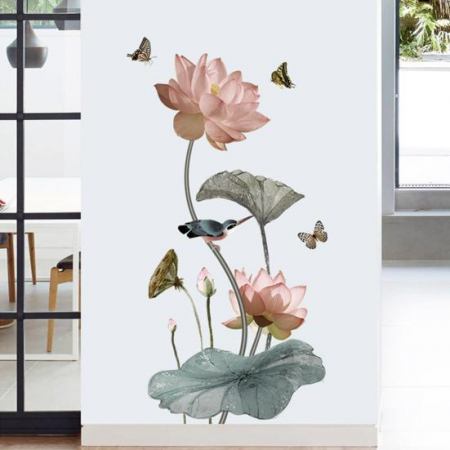Sticker Autocolant de Perete cu Flori de Lotus și Fluturi, 120x65 cm [4]