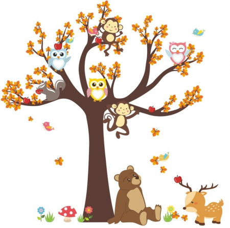 Sticker Decorativ cu Animale Vesele in Pom Toamna [4]
