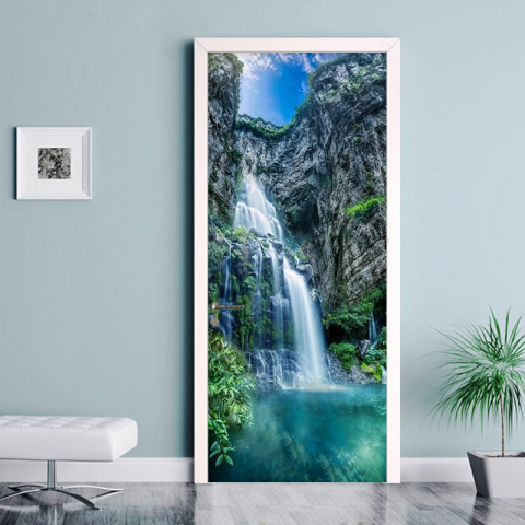 Stickere Pentru Usi - Sticker decorativ ușă 3D Autocolant ușă efect 3D realist Sticker ușă model Cascadă pe Lac de Munte Autocolant adeziv ușă 78x200 cm Sticker ușă design peisaj montan Autocolant decorativ ușă peisaj de munte Sticker ușă interior 3D Autocolant ușă peisaj cu cascadă Sticker ușă autoadeziv 3D Autocolant ușă efect vizual 3D